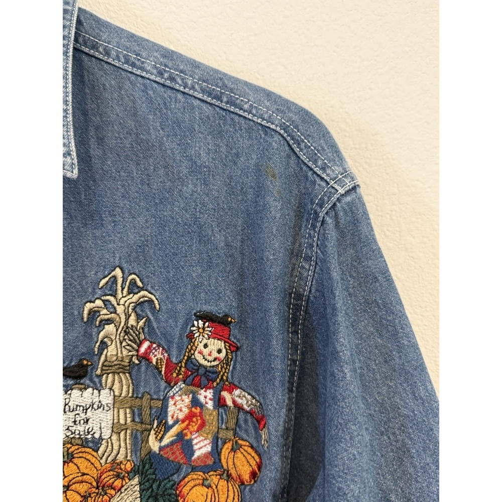 Bobbie Brooks Embroidered Fall Pumpkin Scarecrow Denim Button Shirt Women's XL - Picture 5 of 8